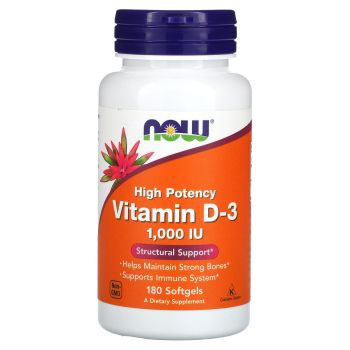Витамин Д-3, Vitamin D-3, Now Foods, высокоэффективный, 1000 МЕ, 180 гелевых капсул
