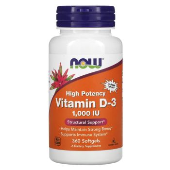 Витамин Д-3, Vitamin D-3, Now Foods, высокоэффективный, 25 мкг (1000 МЕ), 360 гелевых капсул
