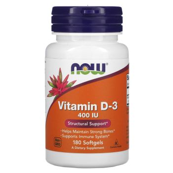 Витамин Д3, Vitamin D-3, Now Foods, структурная поддержка, 10 мкг (400 МЕ), 180 гелевых капсул
